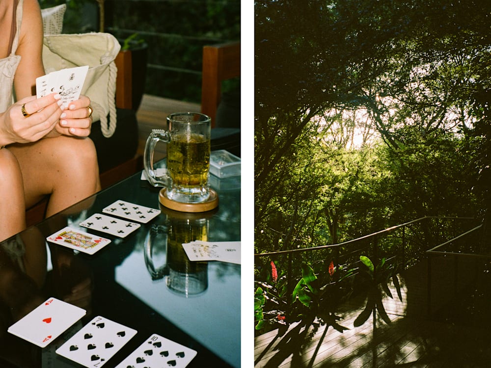 Two portrait images. The left image shows a card game being played at a low table, with a pint of beer and a woman's hands holding cards. The right image shows sunlight casting shadows on a wooden walkway, through gaps in the trees.