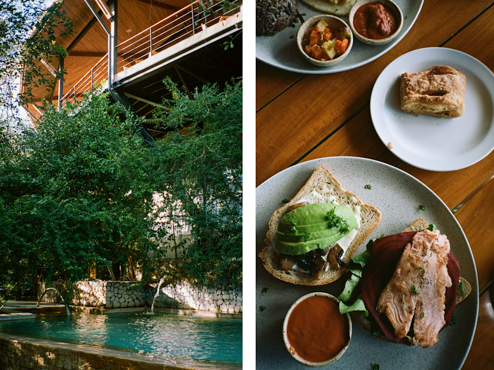 Two portrait images. The left image shows a pool beneath some trees and the exterior of the hotel. The right image shows three plates containing breakfast foods on a wooden table.