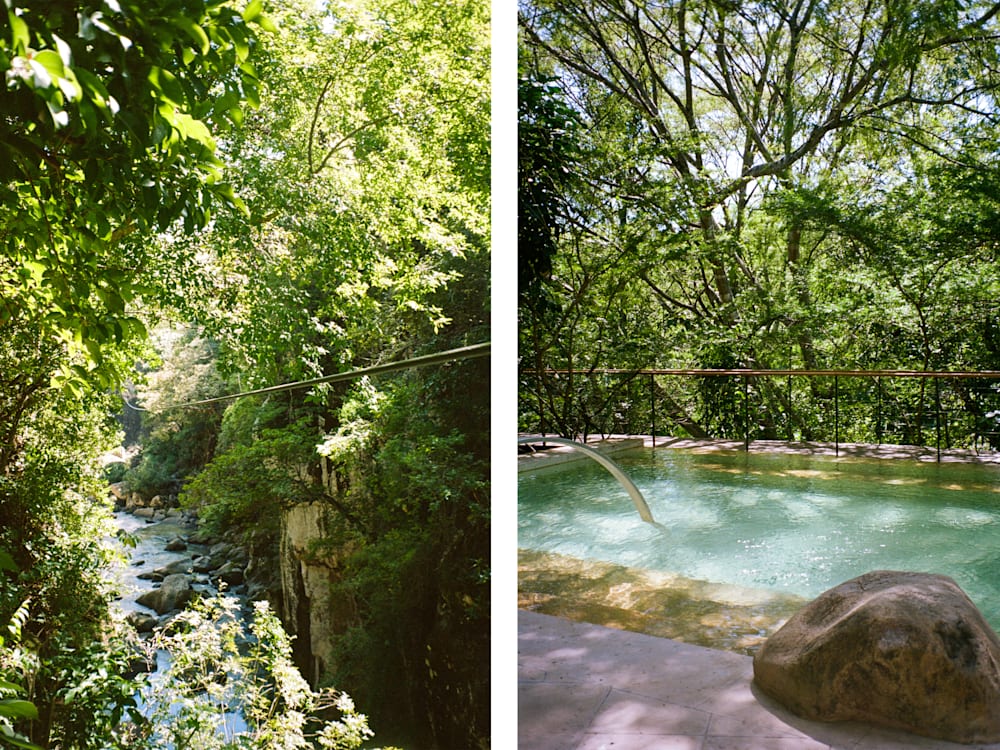 Two portrait images next to each other. The left image shows a zip line running through a forest, above a rocky stream. The right image shows a pool in front of treetops.