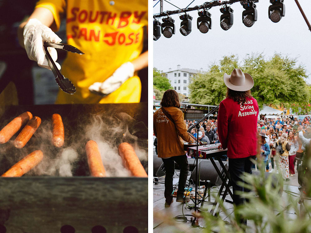 (left image) A person in a yellow apron barbecues sausages with a tong in their right hand. (right image) A band plays to a festival crowd.