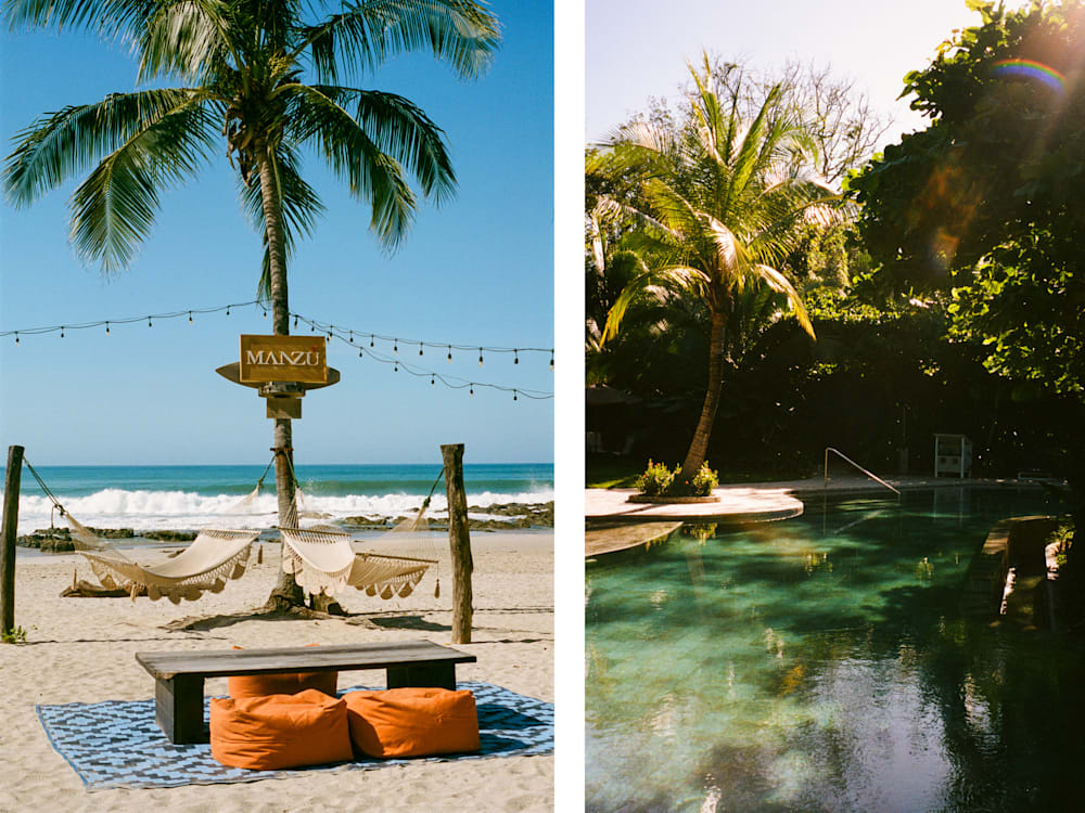 Two images; one depicting a pool shaded by palm trees, the other showing waves crashing on the beach with a table, two bean-bags and two hammocks hanging from a palm tree.
