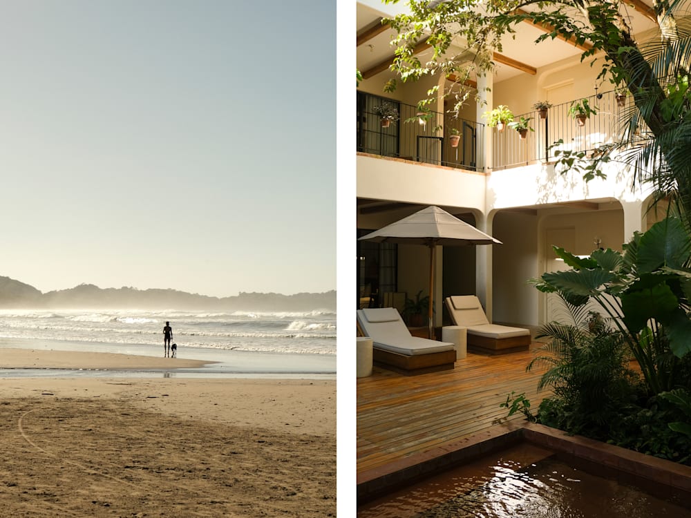 Two images; a woman walks her dog alone on the beach, with waves crashing in front and to the left of her. The other image shows the courtyard of a hotel, with a plunge pool and sun loungers.