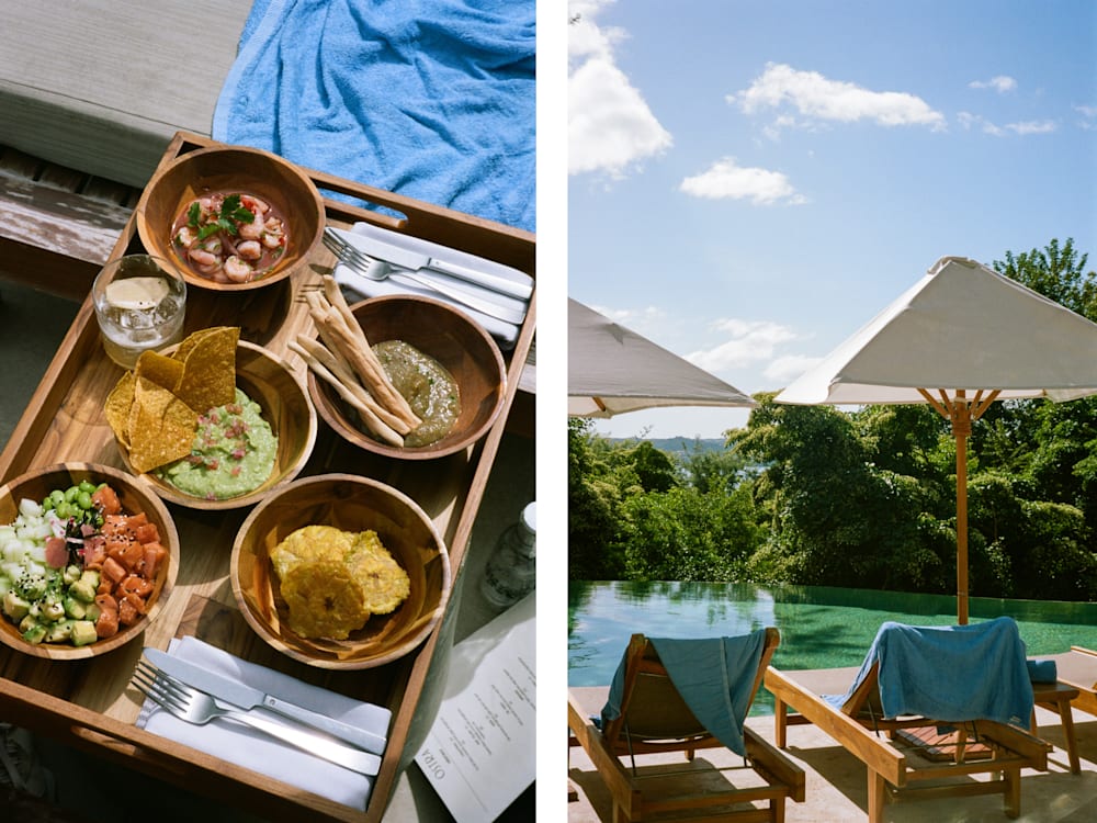 Two images; five small plates of assorted foods on a try and three sun-loungers next to a pool, under parasols.