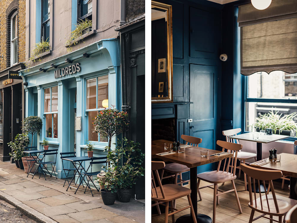 Two images of Mildred's restaurant, an exterior shot of the blue exterior with tables outside. The other shot is of the blue interior of the restaurant, with tables and chairs by the window of the first floor.