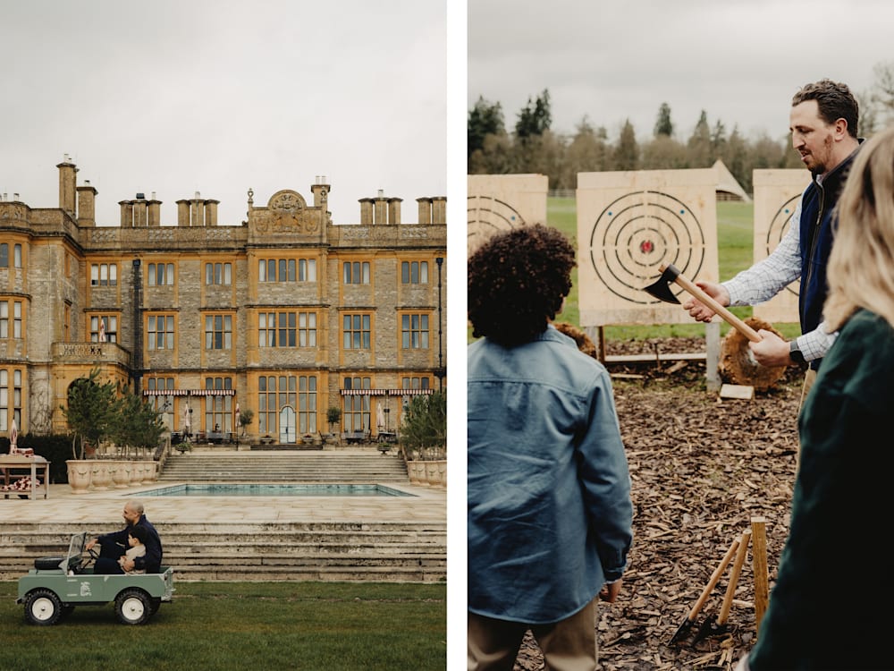 An image of a father and son in a minature off-roader on the grass outside Estelle Manor and an image of a child being shown an axe on an axe throwing range.
