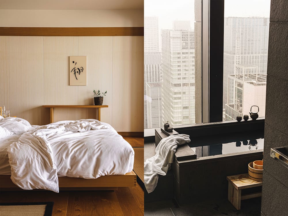 Luxurious facilities Aman Tokyo with floor-to-ceiling windows offering panoramic city views, minimalist design, and serene lighting.