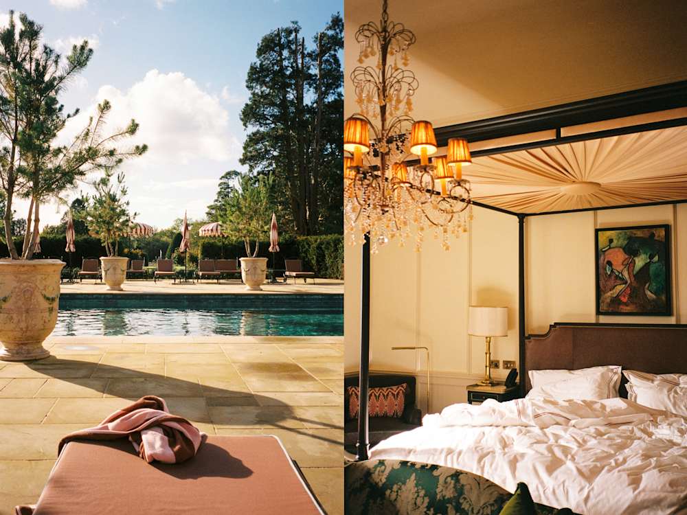 An image of the Estelle Manor swimming pool, next to an image of a four poster bed.