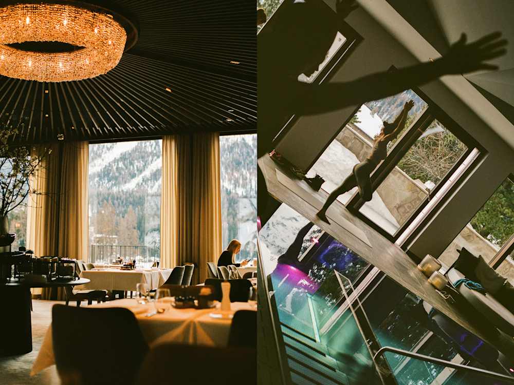An image of Grace La Margna's restaurant, placed next to an image of the indoor spa pool.