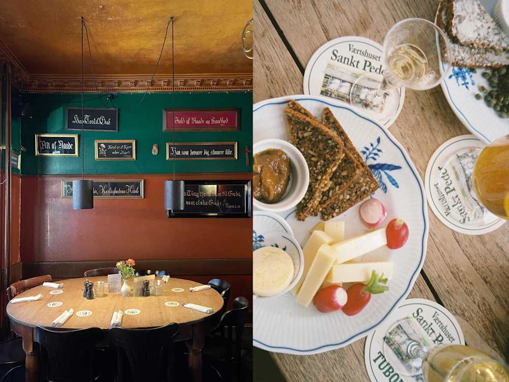 A round table in a restaurant, next to an image of a cheese board and three glasses of wine.