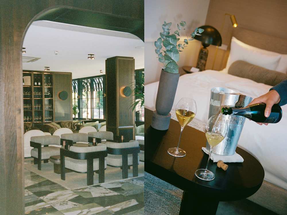 Park Lane Copenhagen restaurant, next to glasses of wine being poured in a room.